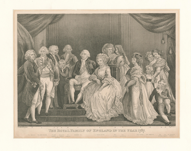 Eine Gruppe von Menschen aus der britischen Königsfamilie im Jahr 1787, die auf einer Treppe mit Vorhängen im Hintergrund posiert, begleitet von Text am unteren Rand.