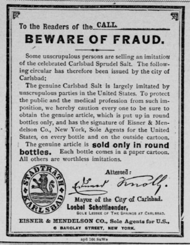Schwarz-weißes Poster mit Warnung vor Betrug und dem Text "Carlsbad Spruud Salt" sowie einem dazugehörigen Logo.