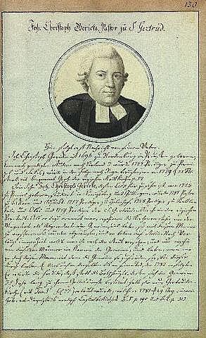Schwarzes und weißes Porträt von Johann Wolfgang von Goethe in einer schwarzen Robe auf einem alten Dokument aus dem Jahr 1789 mit sichtbarem Text.