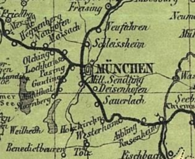 Detailierte alte Karte von München, Deutschland, die Straßen, Gebäude und Sehenswürdigkeiten zeigt, mit zusätzlichem Text über Bevölkerung, Straßen und bekannte Orte.
