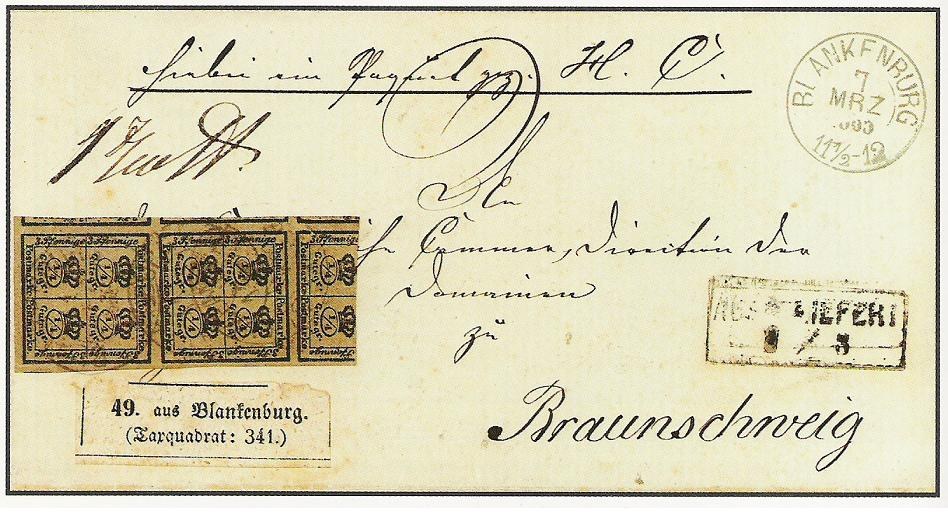 Alte deutsche Postkarte von 1772-1839 mit einer Marke, Text "Braunschweig" und Nummer "1", in sehr gutem Zustand.