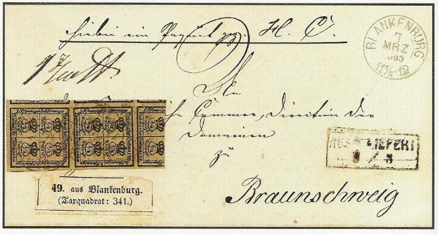 Alte deutsche Postkarte von 1772-1839 mit einer Marke, Text "Braunschweig" und Nummer "1", in sehr gutem Zustand.