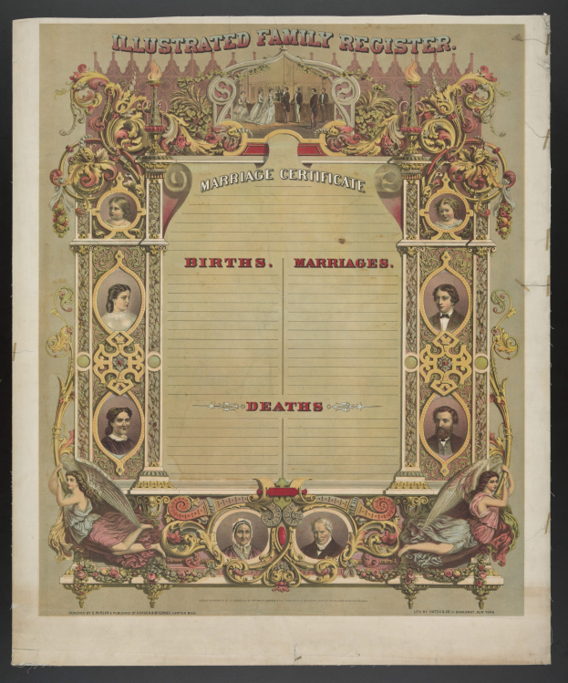 Illustrierter Familienbuch-Eintrag Heiraten mit schwarzem Hintergrund, mit Bildern von Menschen und Text 'Geburten, Heiraten, Sterbefälle'.