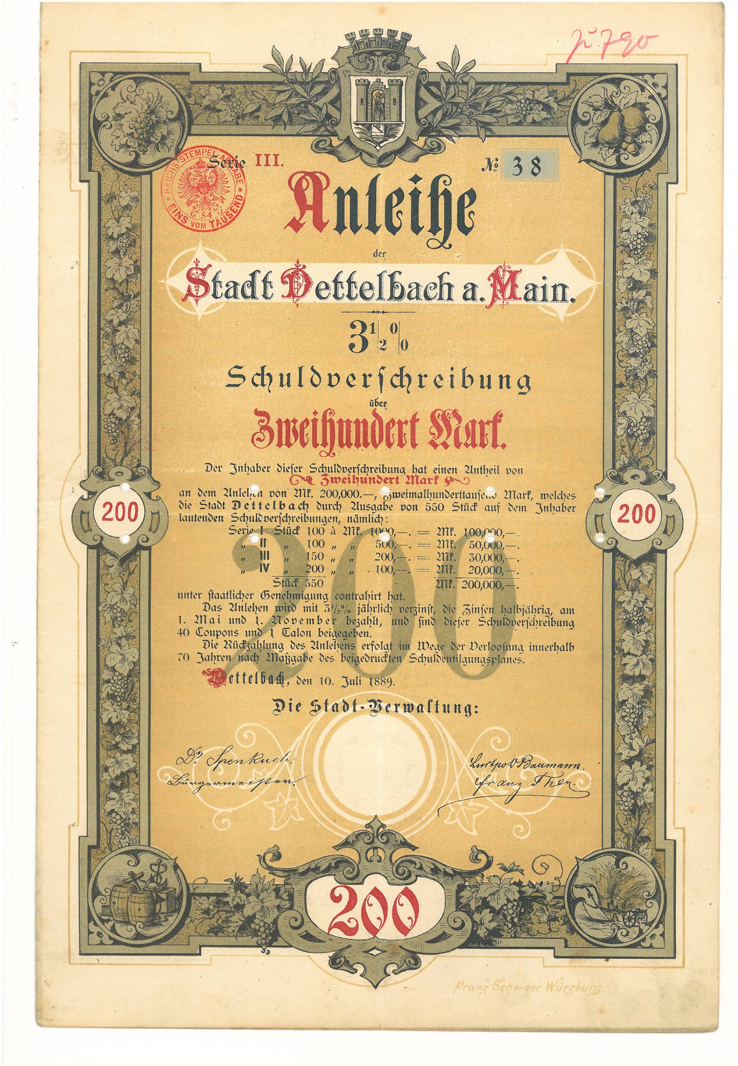 Altes deutsches Aktienzertifikat mit einem Männerporträt, mit gedrucktem Text und numerischen Werten, die Aktiendetails angeben.