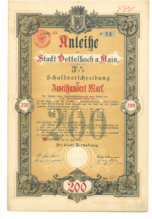 Altes deutsches Aktienzertifikat mit einem Männerporträt, mit gedrucktem Text und numerischen Werten, die Aktiendetails angeben.