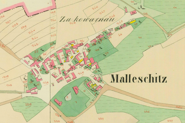Alte Karte von Mallschitz, Deutschland, mit beschrifteten Gebäuden und Straßen.