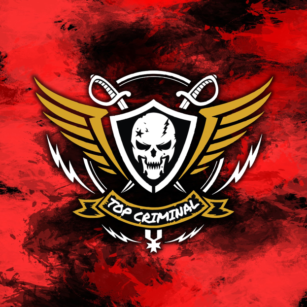 Ein roter Hintergrund mit einem schwarz umrandeten Schädel und gekreuzten Schwertern in der Mitte, mit der Schrift 'Top Criminal' in fetter weißer moderner Schriftart.