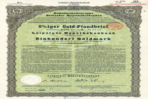 Ein grünes altes Hypothekenbankaktienzertifikat mit gedrucktem Text und einem Stempel.