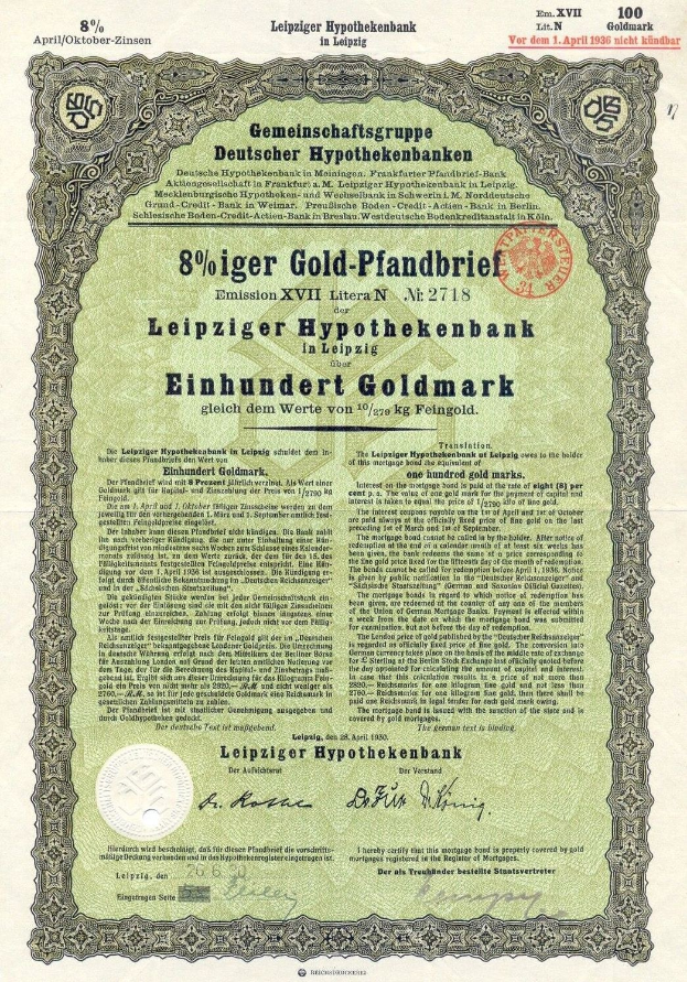 Ein grünes altes Hypothekenbankaktienzertifikat mit gedrucktem Text und einem Stempel.