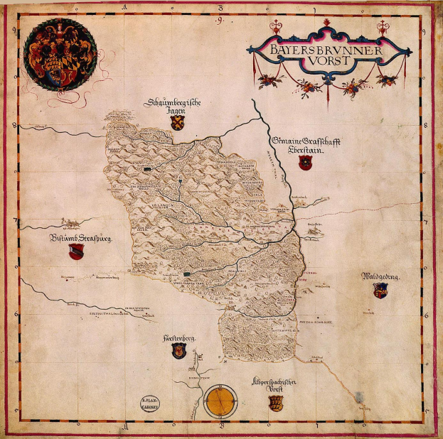 Ein 15. Jahrhundert-Kartenplakat von Bayern, das Flüsse, Berge und Städte zeigt, begleitet von beschreibendem Text und Logos.