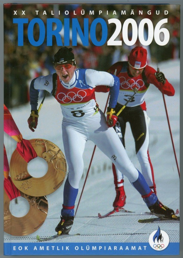 Plakat für die Olympischen Winterspiele 2006 in Turin, Italien, das zwei Skifahrer auf Schnee mit "Turin 2006" oben zeigt.