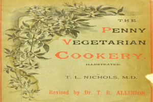 Buchumschlag mit dem Titel "The Penny Vegetarian Cookery" zeigt eine leuchtend grüne Pflanze mit gelben und orangen Blättern in fetter schwarzer Schrift.