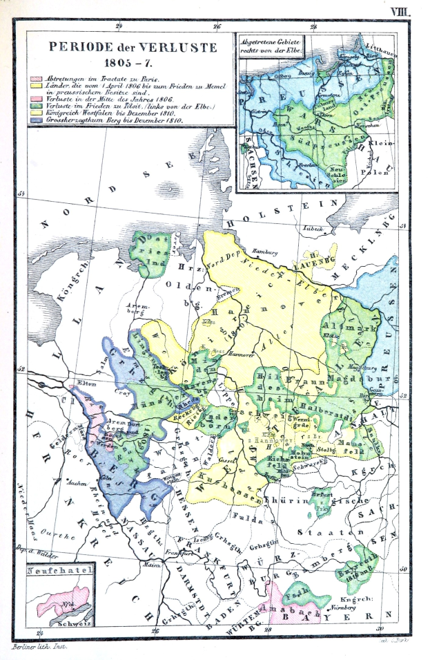 Eine historische Karte von Deutschland während der Verluste-Periode, mit farbigen Regionen und beschrifteten Städten, Ortschaften und geografischen Merkmalen.