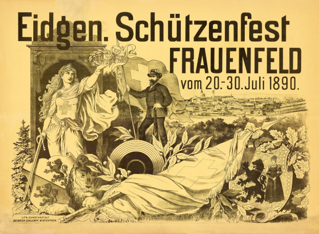 Plakat für das Eidgen Schützenfest in Frauenfeld, Deutschland, mit einem Mann im Anzug und einer Frau in einem Kleid nebeneinanderstehend und Veranstaltungseinzelheiten.