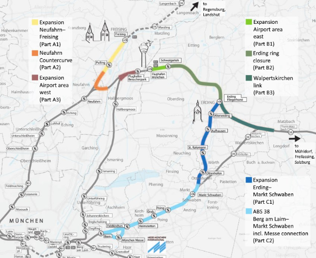Eine detaillierte Karte einer Stadt mit einer hervorgehobenen Zugroute von München nach Frankfurt, einschließlich Haltestellen, Umgebung und zusätzlicher Zuginformationen.