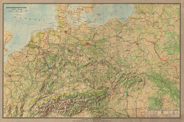 Ausfuhrliches altes Deutschland-Karte mit Straßen, Autobahnen und geografischen Merkmalen mit Text oben und unten.