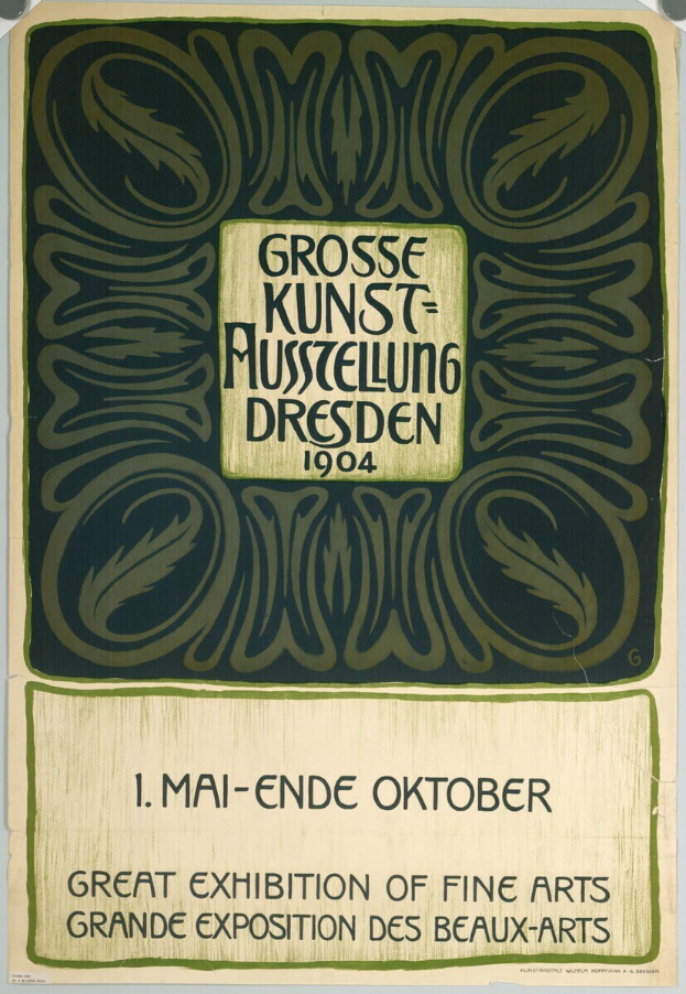 Plakat für die Große Kunstausstellung in der Grand Exposition des Beaux-Arts in Dresden, Deutschland, 1904, mit fettem Text, der das Ereignis ankündigt.