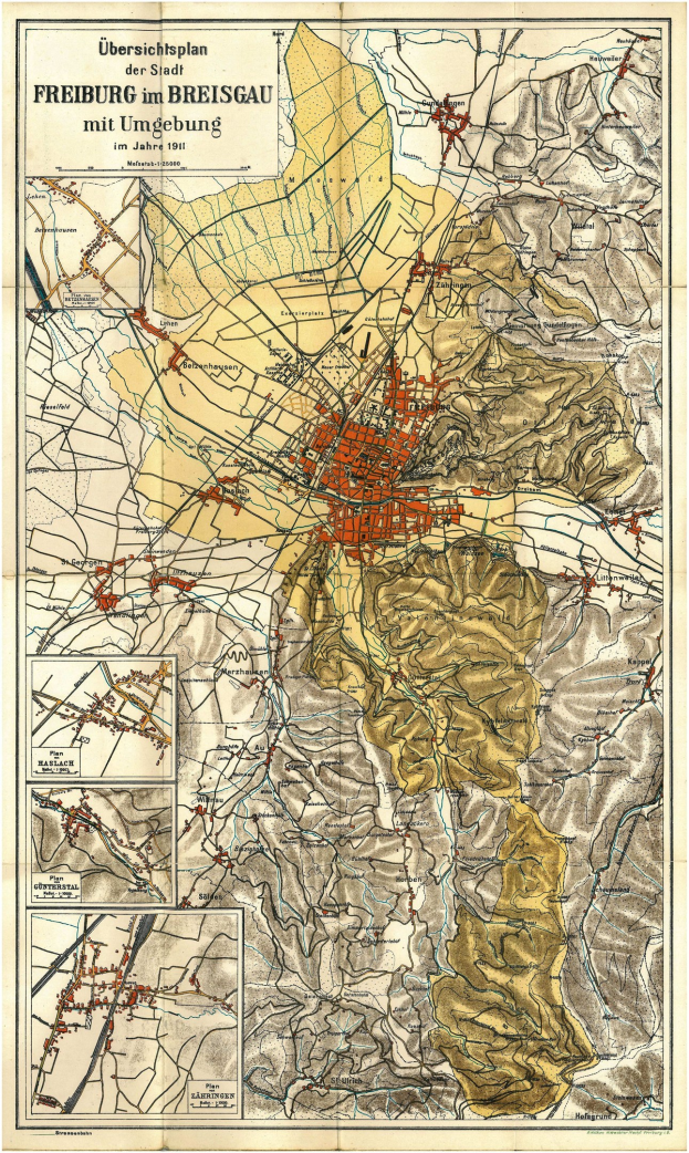 Detaillierte alte Karte von Freiburg, Deutschland, die Straßen, Gebäude und Sehenswürdigkeiten zeigt mit Text oben und unten auf dem Plakat.