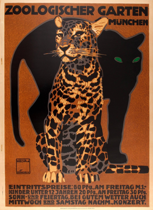 Plakatwerbung für einen Münchner Zoo, das Bilder eines Leoparden und einer Hauskatze zeigt, mit Texten, die Informationen zum Zoo liefern.