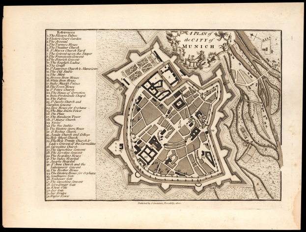 Schwarz-weiß-Karte von München, Deutschland, mit Straßenbezeichnungen und Sehenswürdigkeiten auf dunklem Hintergrund.