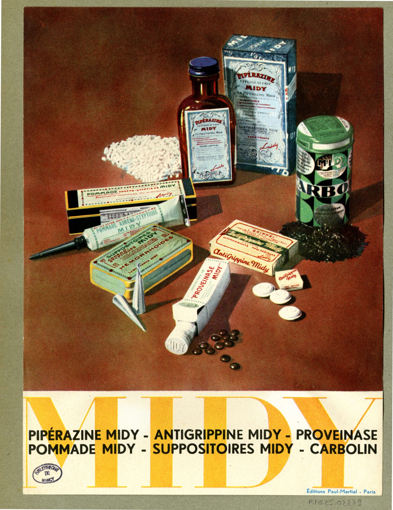 Plakat mit verschiedenen Medikamentenartikeln wie Flaschen und Schachteln, mit Text unten: "Piperazine Midy - Antigripine Midy Provence".