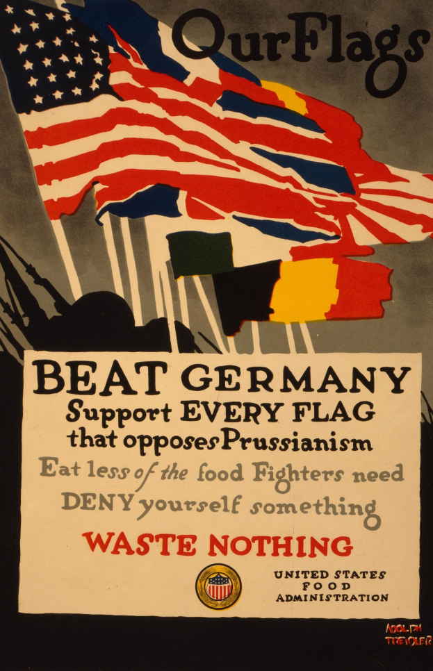 Plakat mit einer roten, weißen und blauen Flagge mit einem weißen Stern, schwarzem, fetten Text "Unsere Flaggen schlagen Deutschland - Unterstützt jede Flagge, die gegen Preußentum kämpft" und einem weißen Rand.