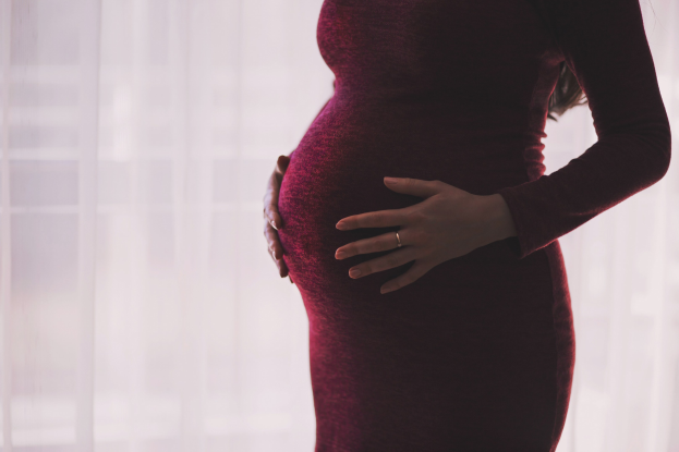 Schwangere Frau in einem roten Kleid, die vor einem Fenster steht, die Hände auf ihrem Bauch
