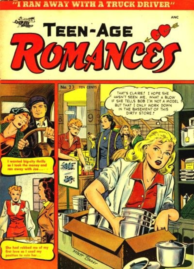 Ein farbenfroher DC-Comics-Plakat titled 'Teen-Age Romances 23-A' zeigt eine Gruppe von Menschen in einer fröhlichen, romantischen Umarmung mit auffälligem, farbigem Text oben.