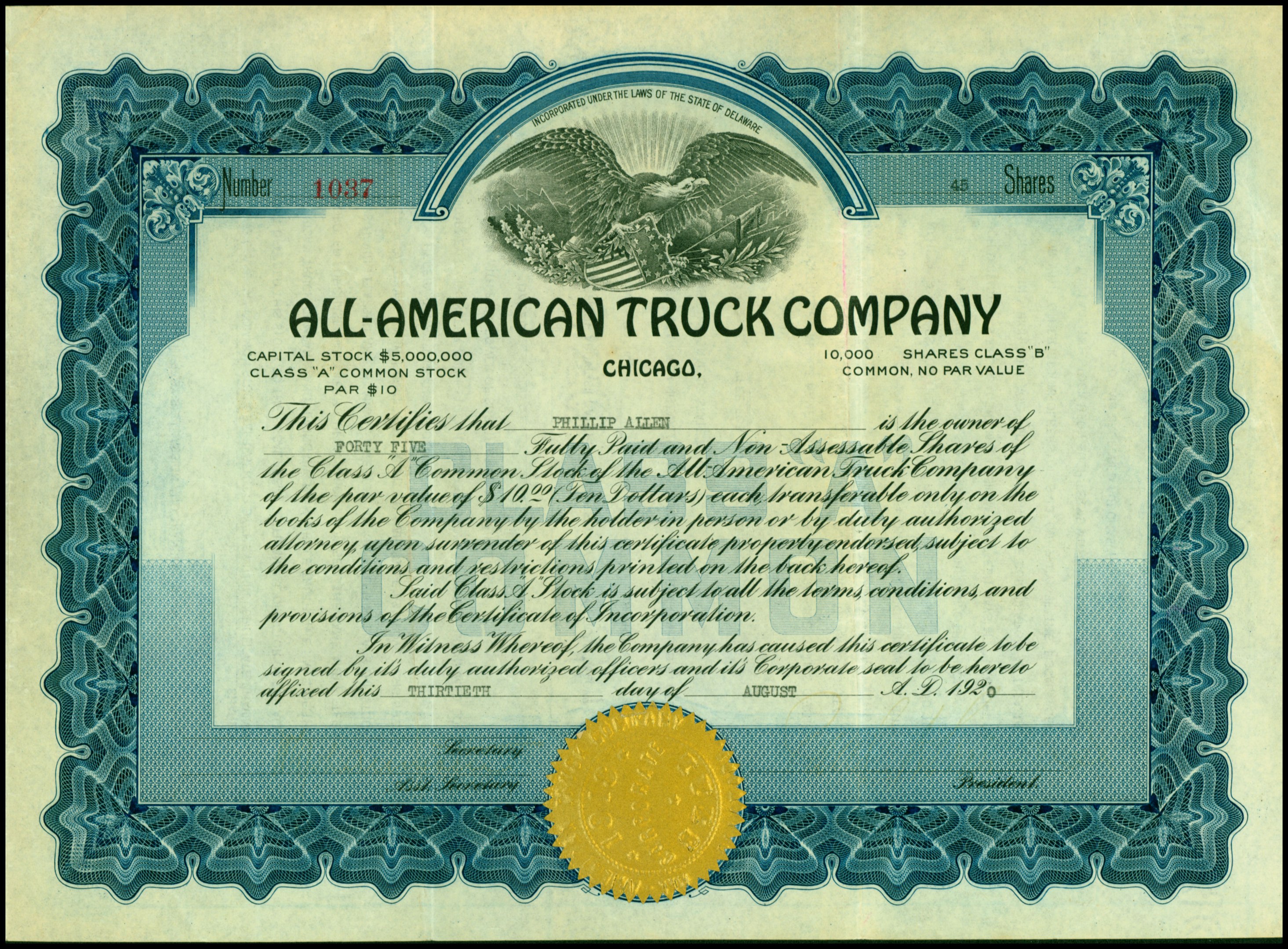 All-American Truck Company stock certificate with a black border, gold seal, and printed text including company name, date, and details.