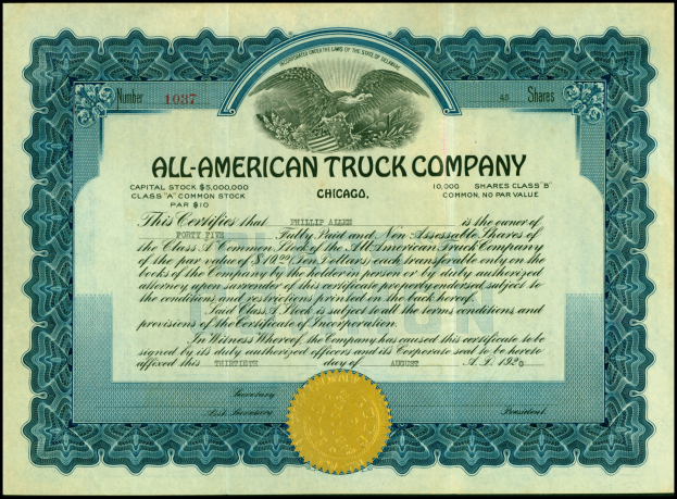 All-American Truck Company stock certificate with a black border, gold seal, and printed text including company name, date, and details.