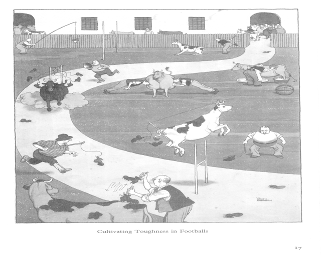 Schwarze und weiße Zeichnung von Menschen und Tieren auf einem Feld mit einer Wand und Fenstern im Hintergrund, betitelt "Zähigkeit im Fußball kultivieren" unten.