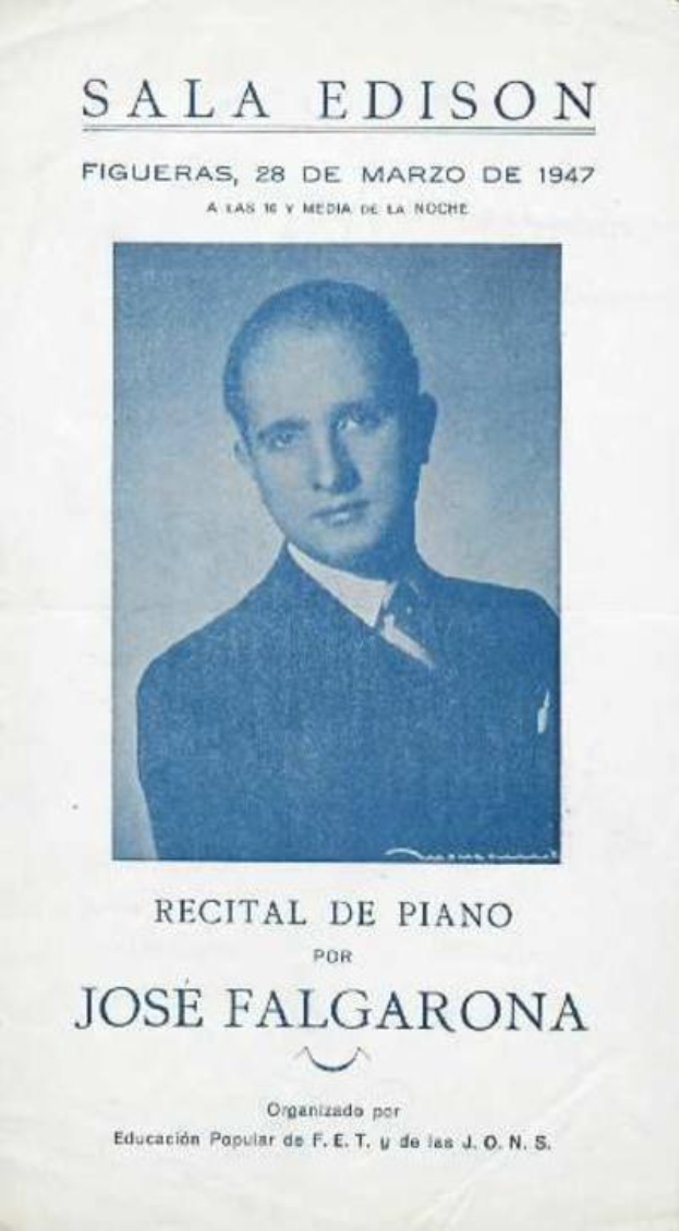 Ein Blatt mit einem Bild des Pianisten Jose Falgarona in einem schwarzen Anzug und einem weißen Hemd, auf dem "Recital de Piano" steht, das ihn beim Klavierspielen mit ernster Miene und konzentriertem Blick zeigt.