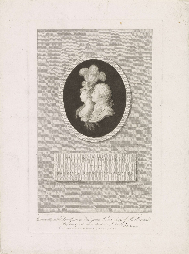 Schwarzes-weißes Bild eines Papiers mit einem Foto des Prinzen und der Prinzessin von Wales neben Text.