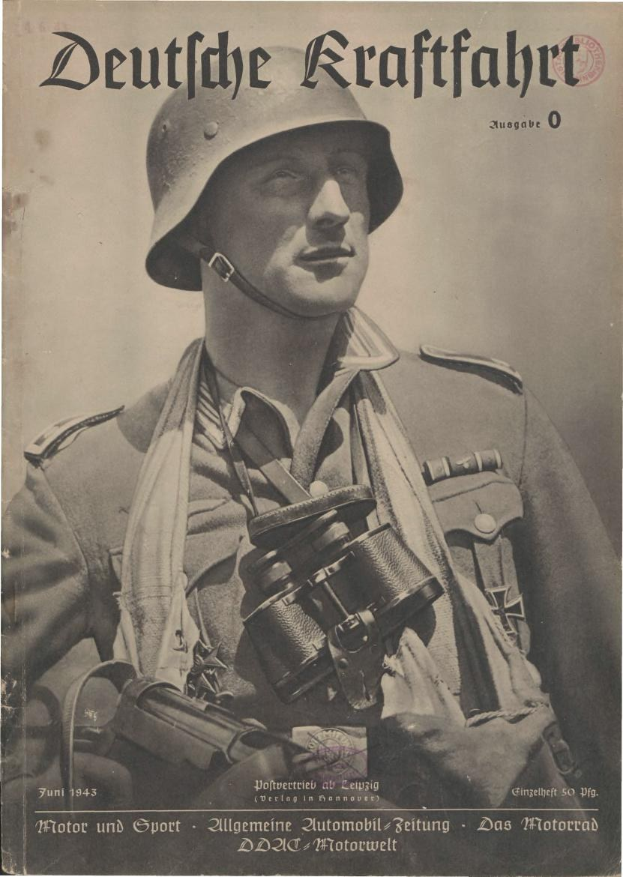Altes deutsches Magazin "Deutsches Kraftfahrt"-Titelbild von Juni 1943 mit einem Mann in militärischer Uniform und Fernglas.