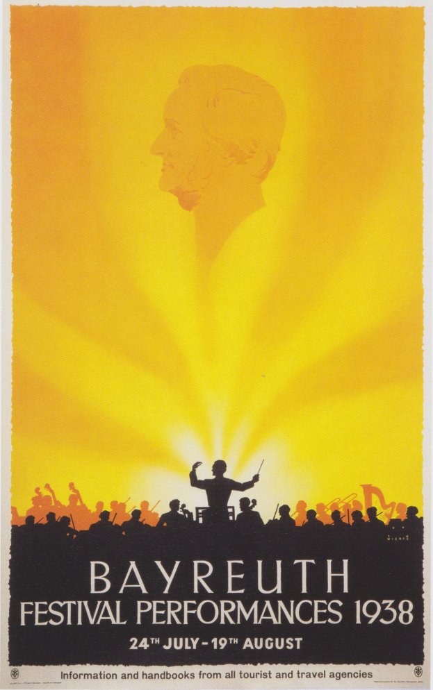 Plakat für die Bayreuther Festspiele 1938, das eine zentrale Figur umgeben von einer Gruppe zeigt, mit Text, der Details zum Festival enthält.