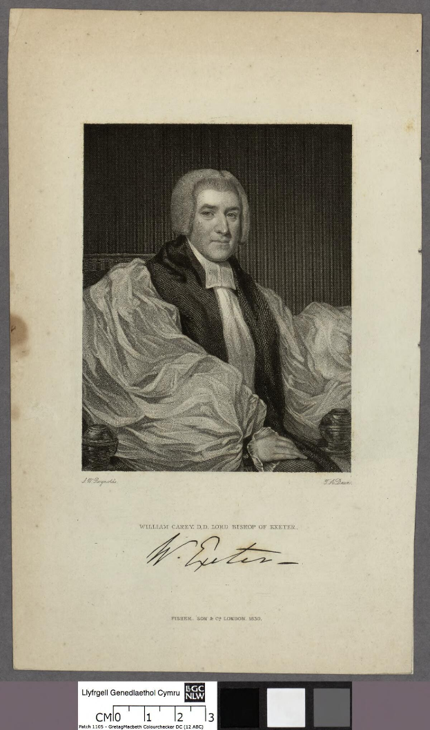 Portrait von William Carey, dem Lord Bishop of Exeter, sitzend in einem Stuhl mit weißer Robe und schwarzem Hut, Hände verschränkt, mit ernstem Gesichtsausdruck, zur Seite schauend, mit dem Text "William Carey" unten.