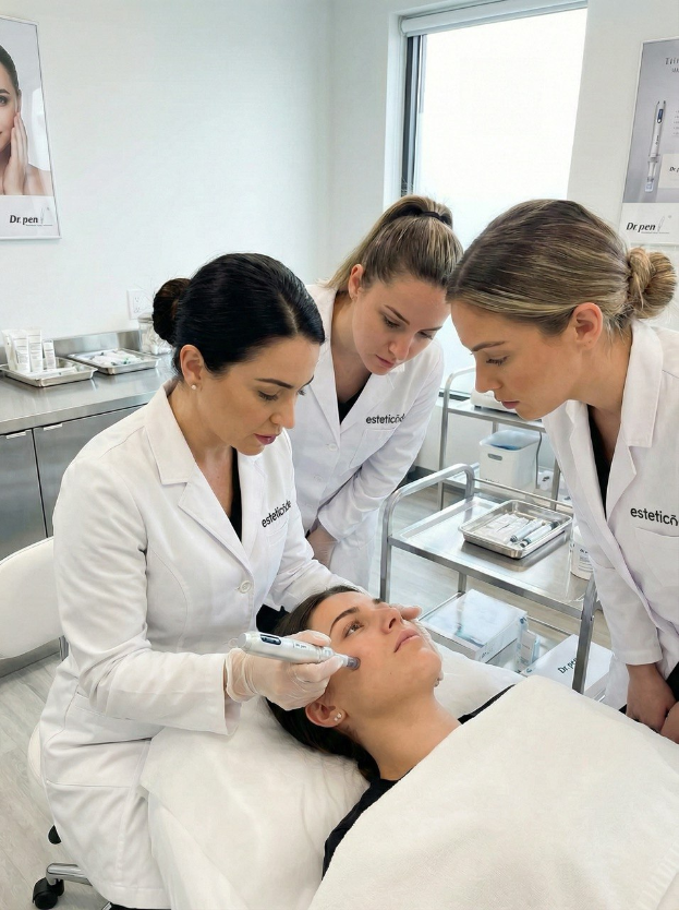 Eine zeitgemäße Kosmetikpraxis: Drei Fachkräfte in professioneller Kleidung führen konzentriert eine Gesichtsbehandlung durch. Die Atmosphäre strahlt Präzision und Expertise aus, während moderne Hautpflege-Technologien zum Einsatz kommen.