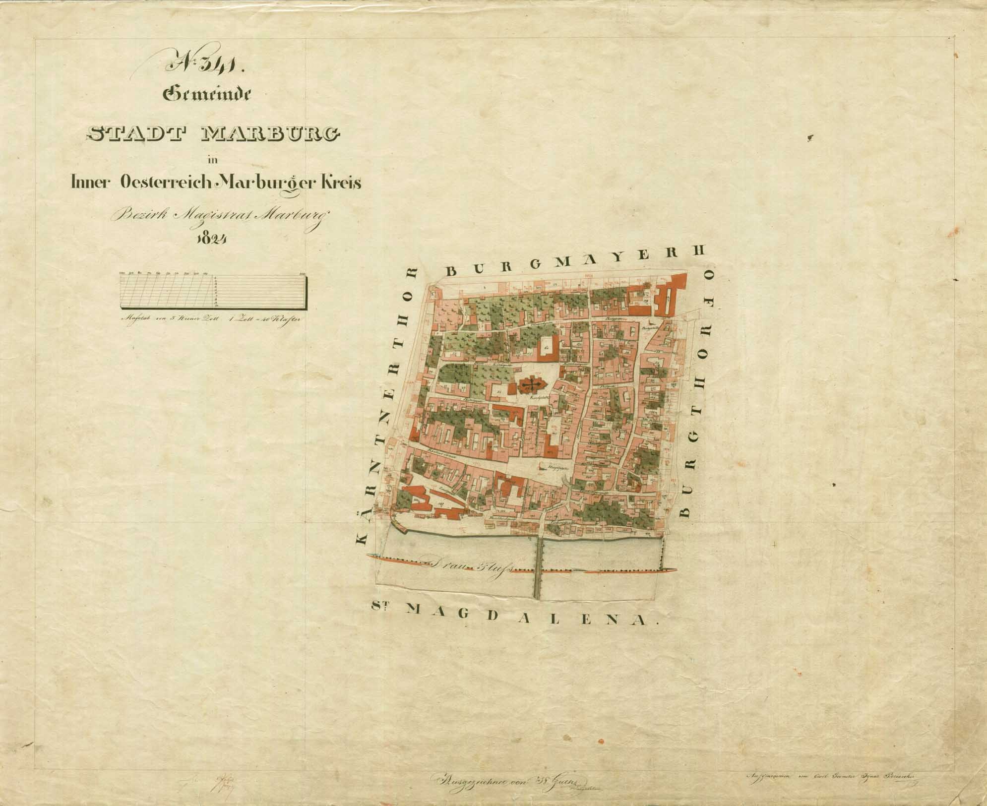 Detailierte alte Karte von Stadt Marburg mit Straßen, Gebäuden und Sehenswürdigkeiten sowie begleitendem Text über die Bevölkerung und Merkmale der Stadt.
