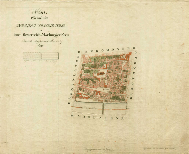 Detailierte alte Karte von Stadt Marburg mit Straßen, Gebäuden und Sehenswürdigkeiten sowie begleitendem Text über die Bevölkerung und Merkmale der Stadt.