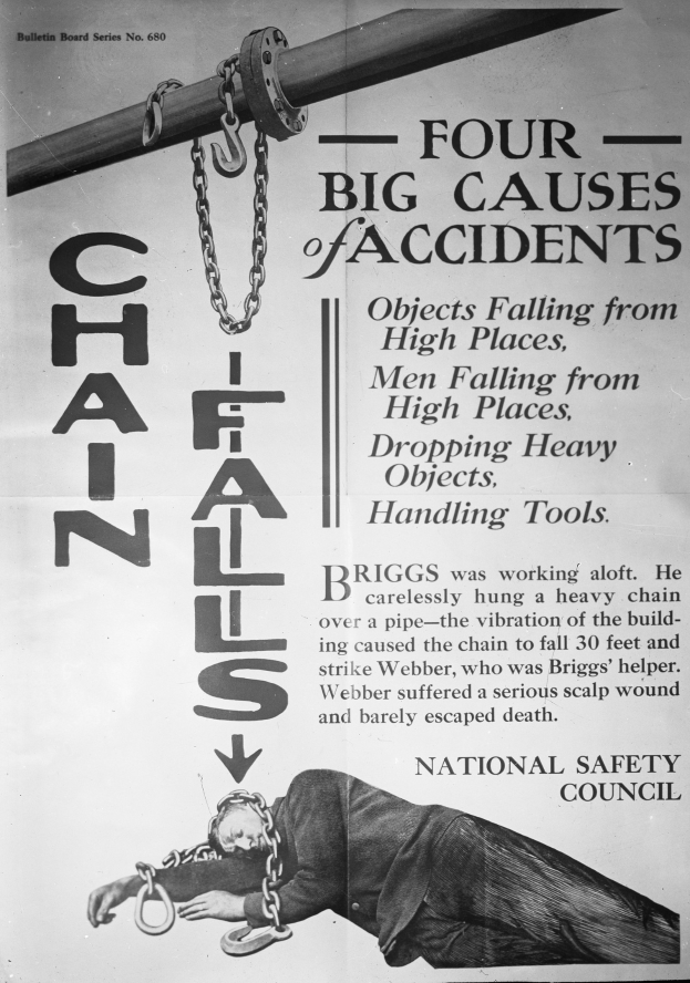 Schwarzer und weißer Plakat mit der Aufschrift "Vier Große Ursachen von Unfällen" mit einem Bild einer Person auf einem Pfahl mit Ketten.