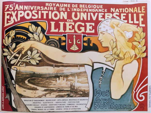Plakat zum 75-jährigen Jubiläum der Nationalen Ausstellung Universitaire de Liège mit einer Frau, die Blumen hält und Text über das Ereignis.