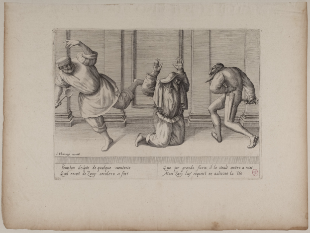 Schwarz-weiß-Zeichnung von drei Männern in einem Raum, einer hält einen Hammer, mit Text, der eine körperliche Auseinandersetzung andeutet.