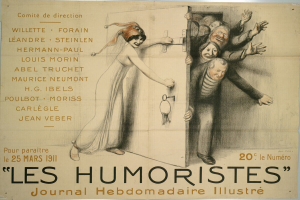 Ein Plakat an einer Gebäudewand mit einer Gruppe lachender Menschen und der Text "Les Humoristes Journal Hebdomadaire Illustré" in fetter Schrift oben.