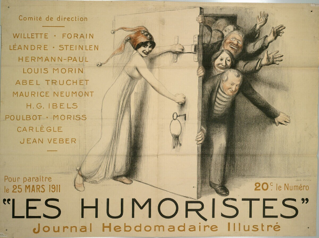 Ein Plakat an einer Gebäudewand mit einer Gruppe lachender Menschen und der Text "Les Humoristes Journal Hebdomadaire Illustré" in fetter Schrift oben.