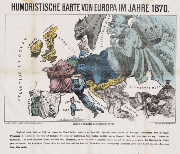 Plakat mit der Bezeichnung "Humoristische Karte von Europa im Jahre 1870", das eine zentrale Europakarte mit Cartoon-Illustrationen und Text zeigt.