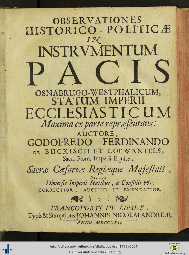 Ein offenes altes Buch mit dem Titel "Beobachtungen Historico-Politica in Instrumentum Pacis" mit einem dekorativen Rand auf der sichtbaren Seite.
