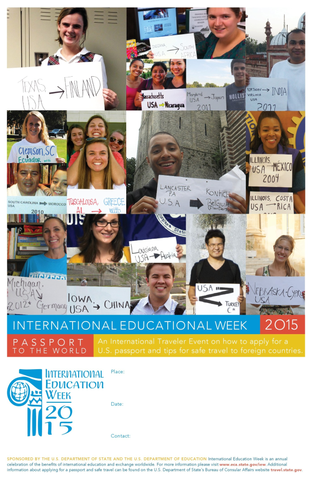 Internationaler Bildungswoche 2015-Poster mit einer Gruppe strahlender Menschen, die Schilder halten und Text mit Veranstaltungshinweisen.