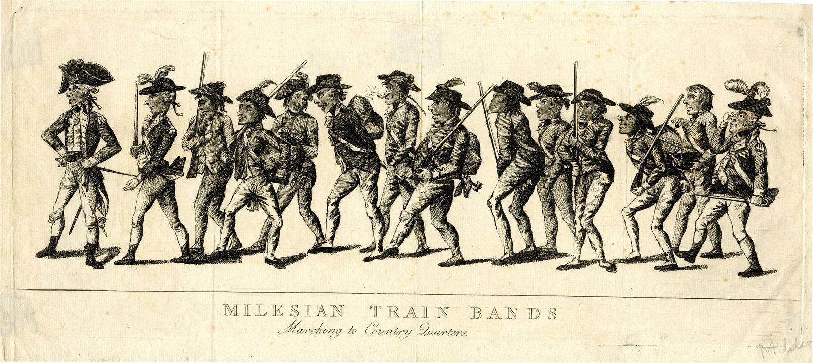 Mannergruppe in militärischer Uniform marschiert die Straße entlang, jeder hält ein Gewehr in der Hand, mit Text am unteren Rand: "Milesian Train Bands Marching to Country Quarters".