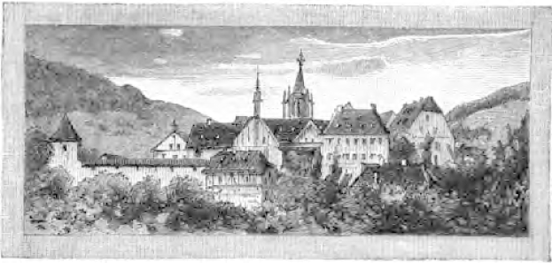 Schwarze und weiße Gravur eines Schlosses umgeben von Bäumen und Hügeln, mit dem Text "Bayern, Deutschland" unten.