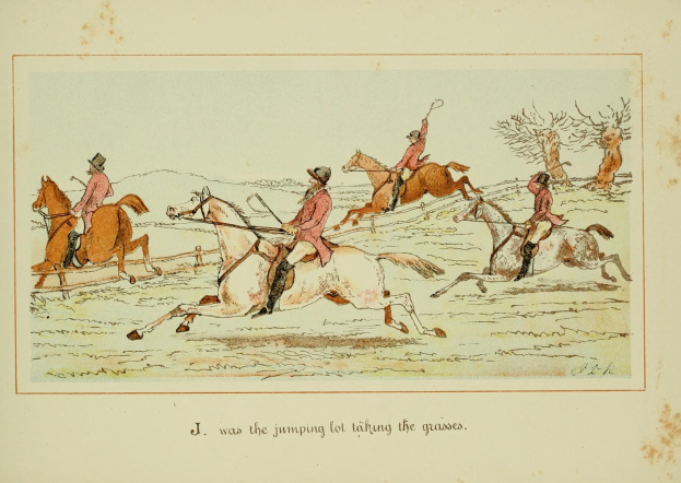 Gruppe von Menschen, die Pferde in einer verschneiten Landschaft mit Bäumen im Hintergrund reiten und Text am unteren Bildrand.